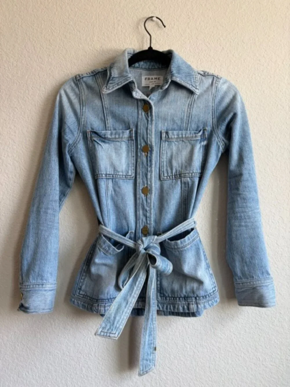 Frame Rangley Denim Beltled Jacket Light Wash Size XS 100% Cotton USA Utility